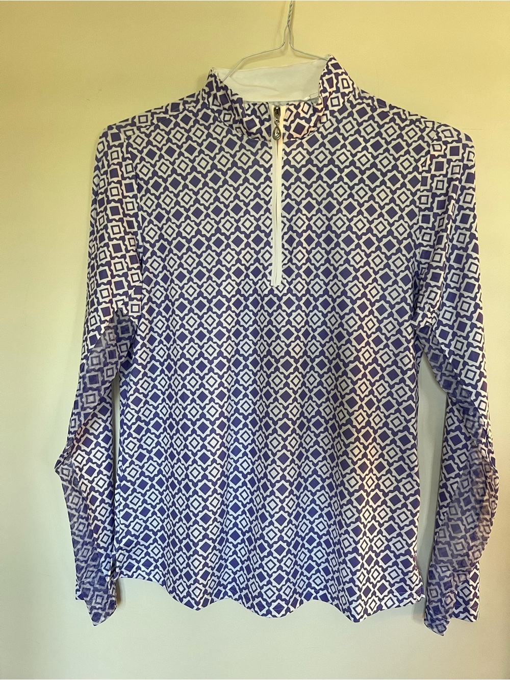 NWT SanSoleil purple/white print 1/4 zip pullover, size S
